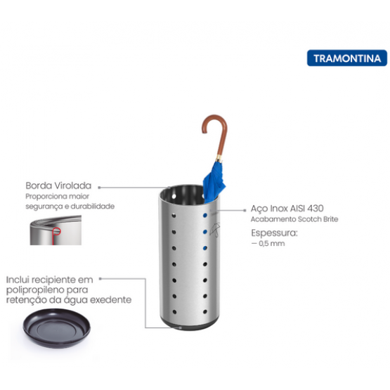 Porta Guarda-Chuva Tramontina Cápsula Dry em Aço Inox com Acabamento Scotch Brite e Base em Polipropileno 15 L - ref 94540602