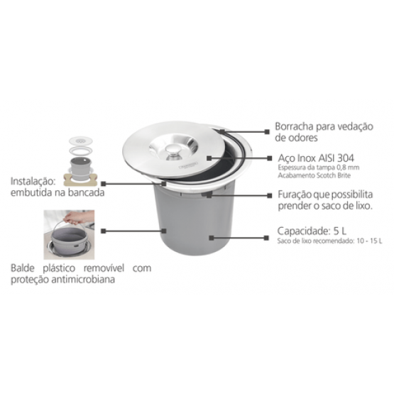 Lixeira de Embutir Tramontina Clean Round em Aço Inox com Balde Plástico 5 L - ref 94518005