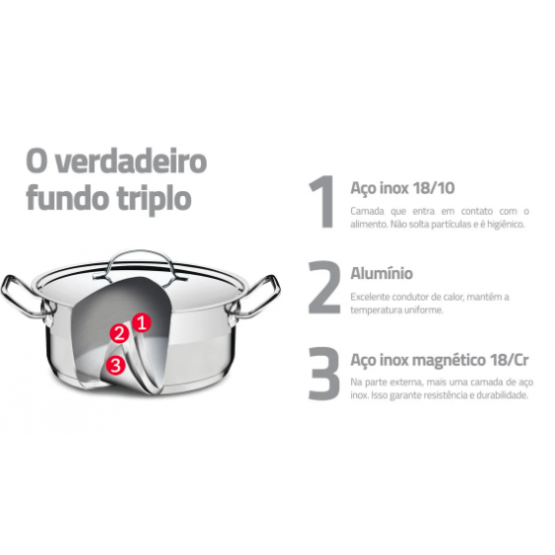 Caçarola Tramontina Professional Funda em Aço Inox Fundo Triplo Com Tampa Plana Detalhe Satinado 20 cm 3,6 L - ref 62624200