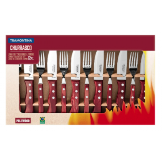 Jogo de Talheres para Churrasco Jumbo Tramontina em Aço Inox com Cabo Vermelho Polywood 12 Peças - ref 21199796