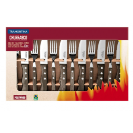 Jogo de Talheres para Churrasco Jumbo Tramontina em Aço Inox com Cabo Castanho Polywood 12 Peças - ref 2199996