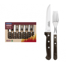 Jogo de Talheres Jumbo Tramontina Churrasco com Lâminas em Aço Inox e Cabos de Madeira Polywood Castanho 12 Peças - ref 21198976