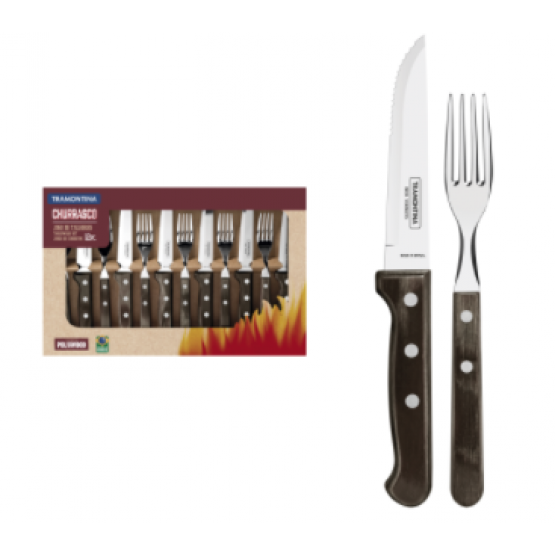 Jogo de Talheres Jumbo Tramontina Churrasco com Lâminas em Aço Inox e Cabos de Madeira Polywood Castanho 12 Peças - ref 21198976