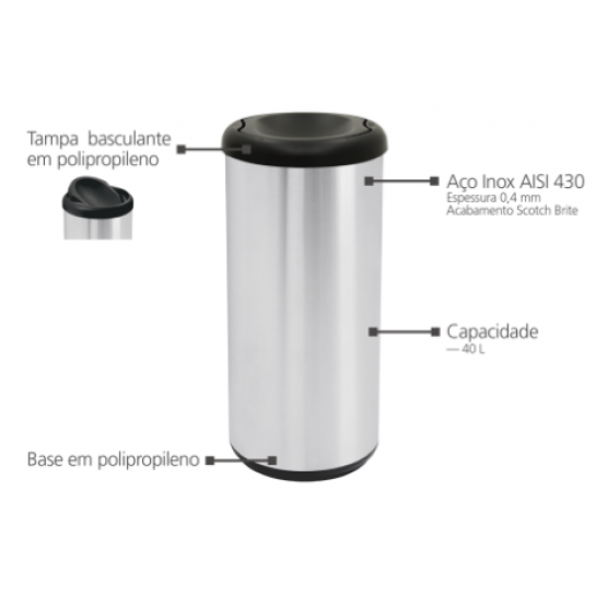 Lixeira Inox Tramontina Cápsula Selecta Plus Basculante com Acabamento Scotch Brite e Tampa Basculante Preta em Polipropileno 40 L