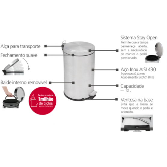 Lixeira Inox com Pedal Tramontina Brasil 20 L - ref  94538030